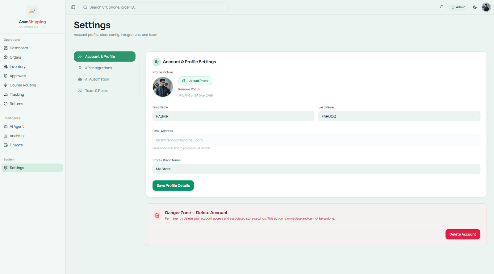 Courier API credentials and tenant settings