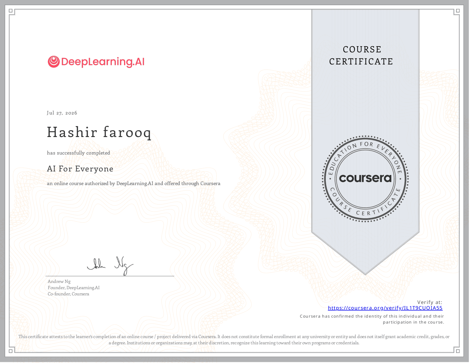 AI For Everyone DeepLearning.AI Certificate