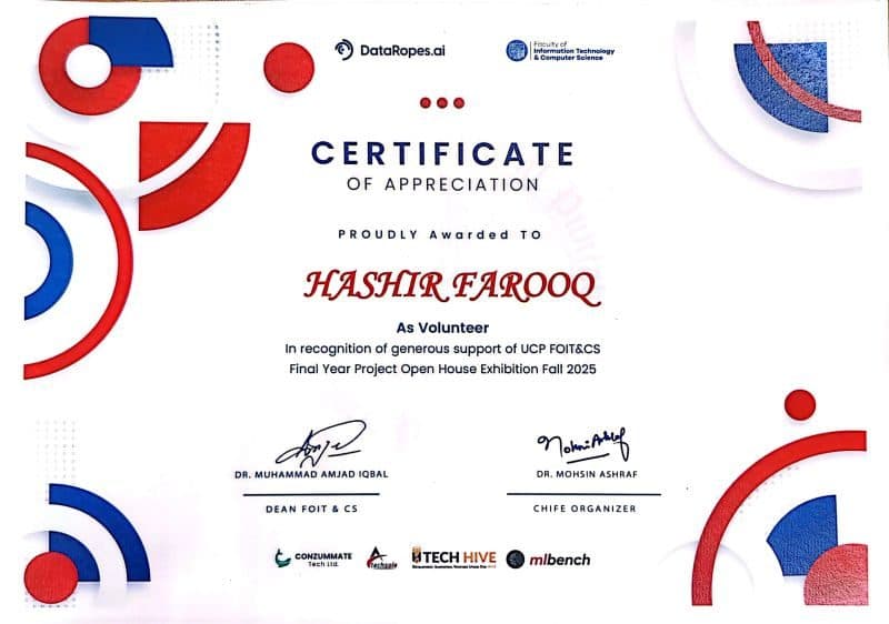 Certificate of Appreciation awarded to Hashir Farooq at UCP FOIT&CS FYP Open House Fall 2025