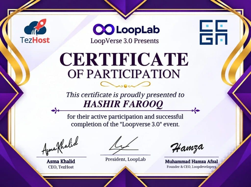 LoopLab LoopVerse 3.0 Certificate of Participation awarded to Hashir Farooq