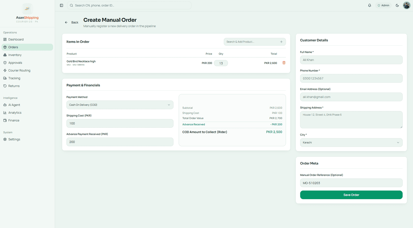Manual order booking and normalization interface