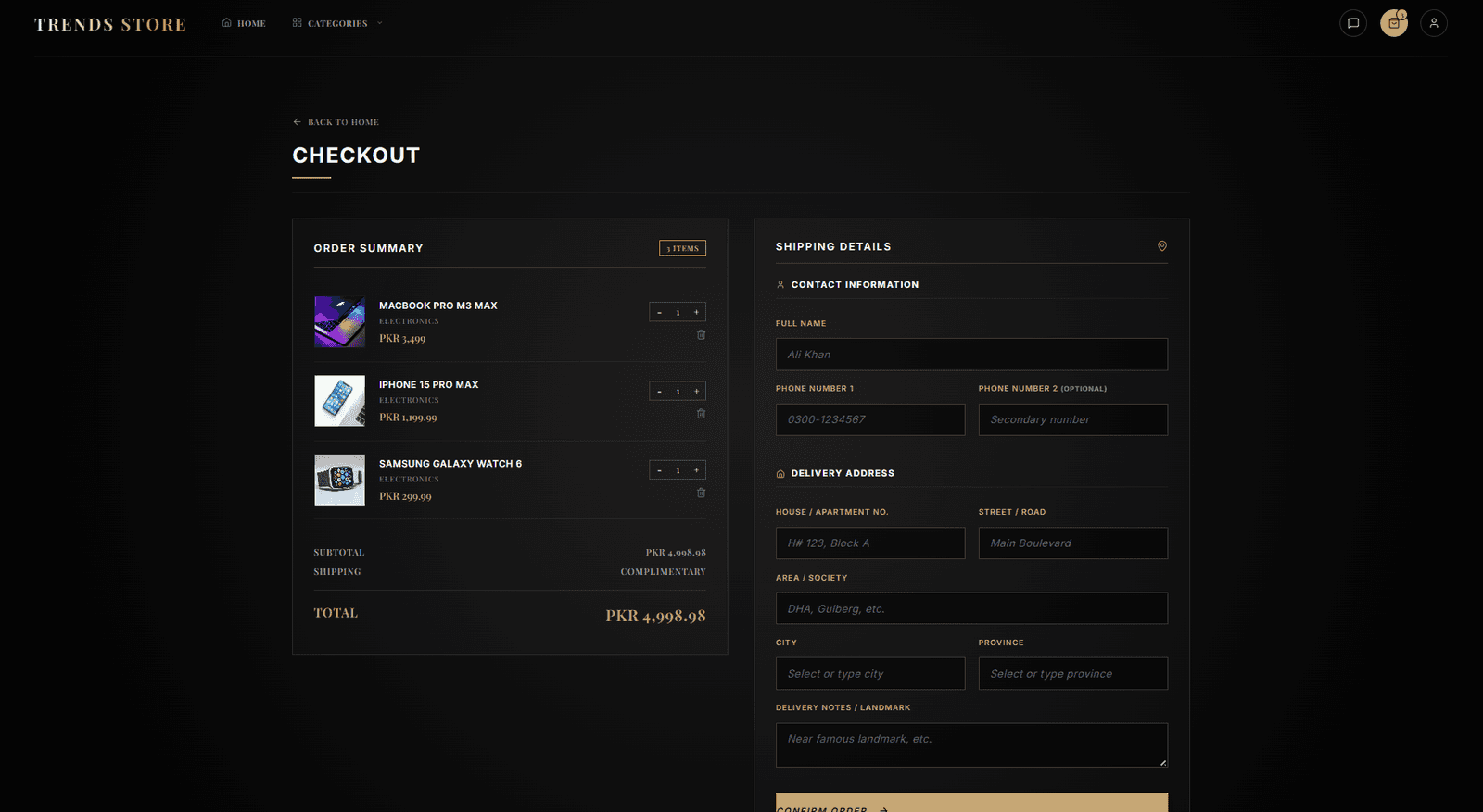TrendsStore multi-step checkout page